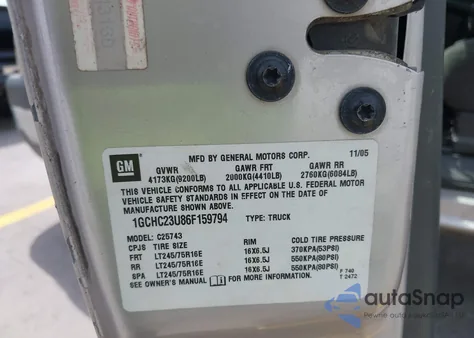 2006 Chevrolet Silverado 2500Hd Work Truck from USA, damaged, VIN 1GCHC23U86F159794